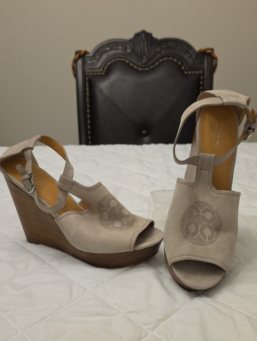 Coach Women's Taupe Suede Peep-Toe Wedge Sandals with Perforated Detail